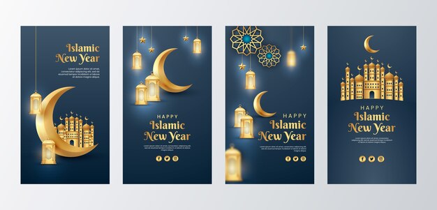 Realistische islamitische nieuwjaars-instagramverhalencollectie met lantaarns en halve maan