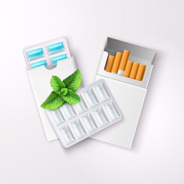 Realistische kauwgom in blisterverpakking en open pakje sigaretten met pepermuntblaadjes