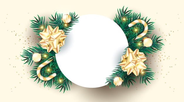 Realistische kerstachtergrond met witte kopieerruimte en 3d-ornamenten