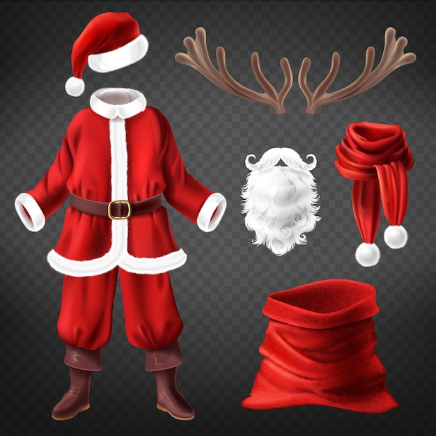Gratis vector realistische kerstman kostuum met accessoires voor themafeest