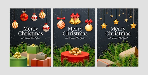 Gratis vector realistische kerstseizoen wenskaartencollectie met cadeautjes en ornamenten