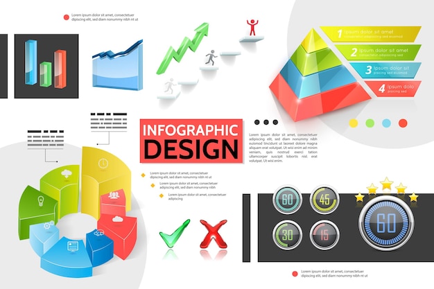 Realistische kleurrijke infographic concept met marketing piramide grafieken grafieken bars pictogrammen bedrijfsinformatie indicatoren tik elementen groeiende pijl illustratie