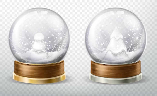 Realistische kristallen bol ingesteld met gevallen sneeuw