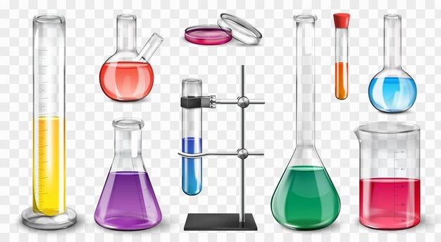 Realistische laboratoriumreeks geïsoleerde pictogrammen op transparante achtergrond met reageerbuisjes metingspotjes en kolven vectorillustratie