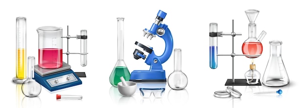 Gratis vector realistische laboratoriumset van geïsoleerde composities met verschillende laboratoriumapparatuur schalen microscoop en reageerbuis staat vectorillustratie