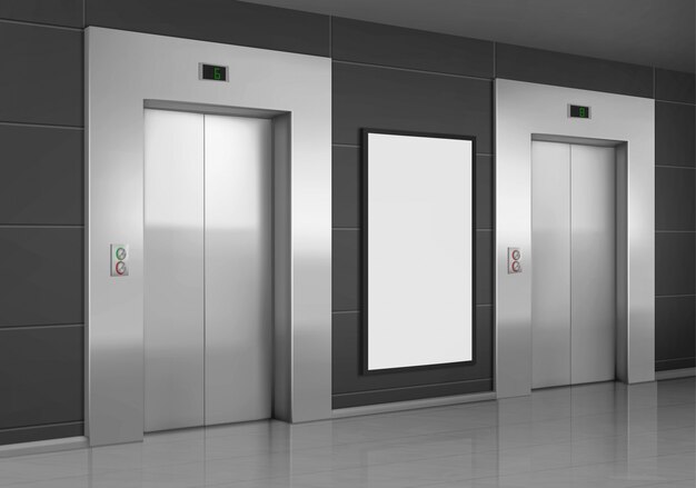 Realistische liften met gesloten deur en advertentieposter