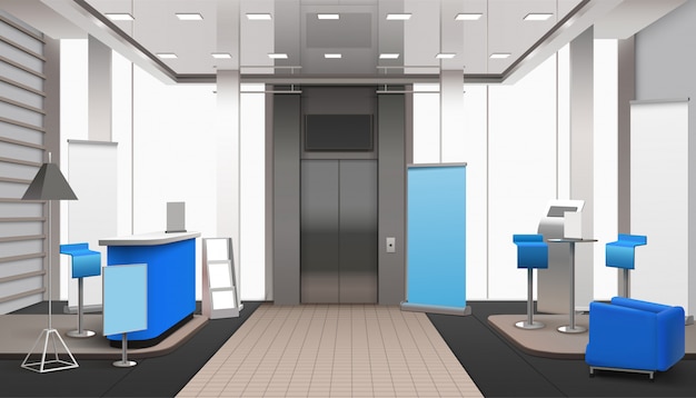 Gratis vector realistische lobby interieur blauwe elementen