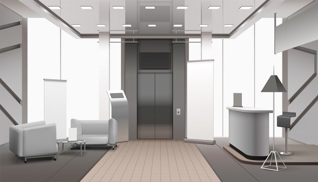 Realistische lobby interieur grijze kleur