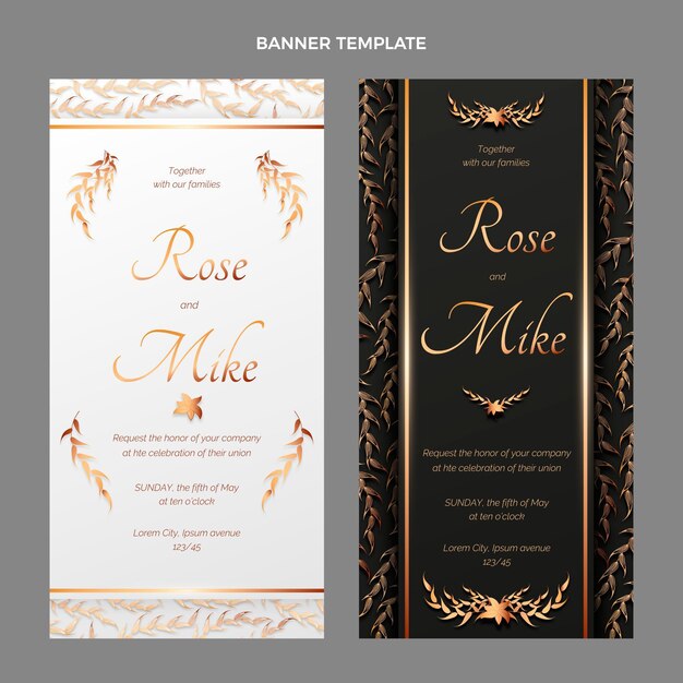 Realistische luxe gouden bruiloft banners verticaal