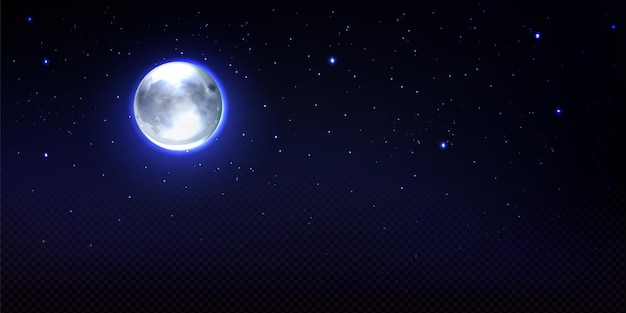 Realistische maan in de ruimte met sterren en transparantie volledige luna aarde satelliet phoebe astrologie gedetailleerd object met kraters ronde glanzende wijzerplaat met gloeiende halo op nachtelijke hemel illustratie