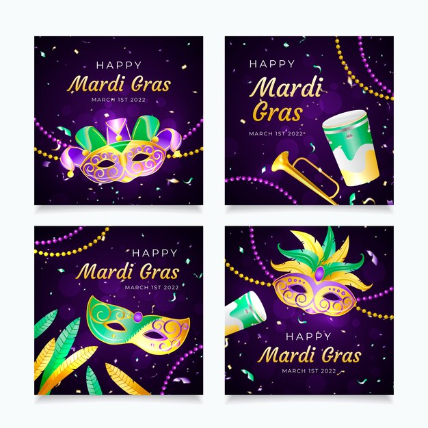 Gratis vector realistische mardi gras instagram-berichtenverzameling