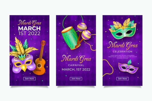 Gratis vector realistische mardi gras instagram verhalencollectie