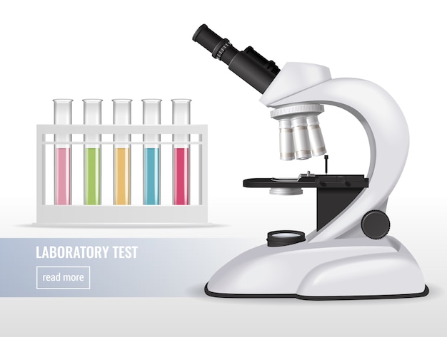 Realistische microscoopsamenstelling met laboratoriumtestbuizen kleurrijke vloeistoffen en bewerkbare tekst met lees meer knoop