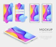 Gratis vector realistische mobiele telefoon smartphone gebruikersinterface ui mockup set met geïsoleerde afbeeldingen van smartphones startscherm vectorillustratie