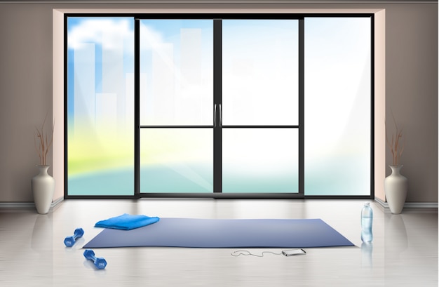 realistische mockup van lege gym hal voor fitness trainingen met blauwe yoga mat en dumbells