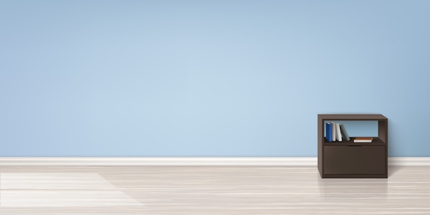 realistische mockup van lege ruimte met platte blauwe muur, houten vloer, bruine stand met boeken