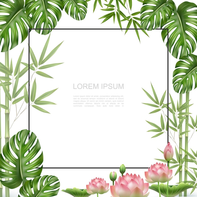 Realistische mooie tropische planten sjabloon met frame voor tekst bamboe stengels monstera palmbladeren lotusbloem frame