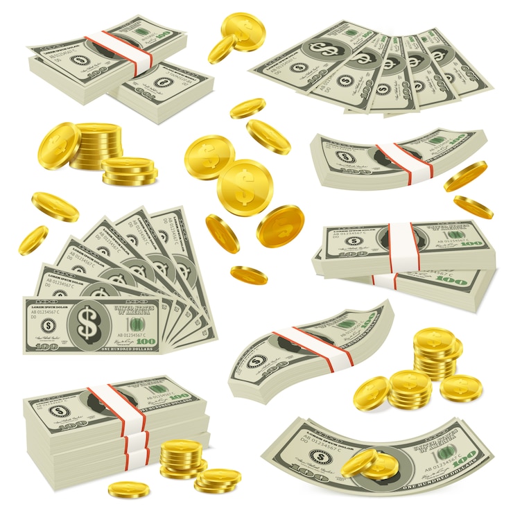 Gratis Vector realistische munten en bankbiljetten geld instellen