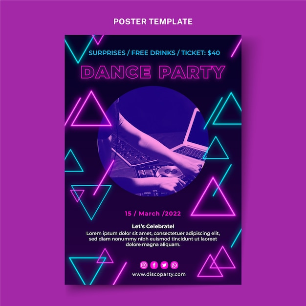 Gratis vector realistische neon disco party poster sjabloon