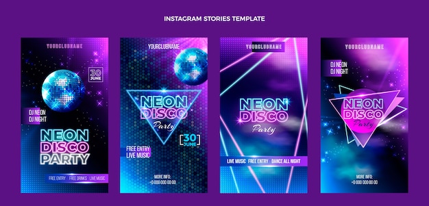 Gratis vector realistische neonfeest-instagramverhalen met discoballen