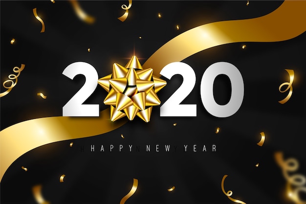 Realistische nieuwe jaar 2020-achtergrond met gouden giftboog