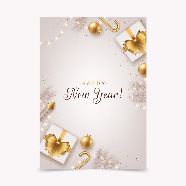 Gratis Vector realistische nieuwjaarsgroetekaart sjabloon