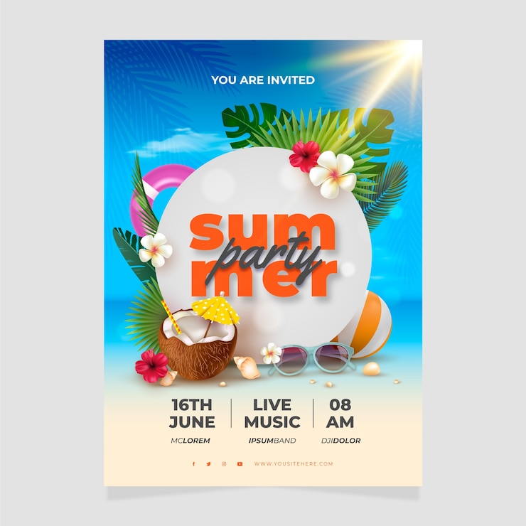 Gratis Vector realistische partij poster sjabloon voor het zomerseizoen