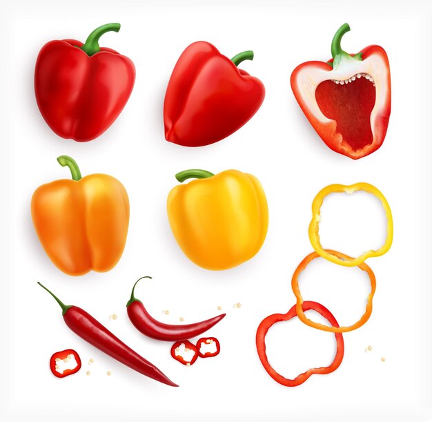 Realistische peperset met geïsoleerde iconen van rode en gele pepervruchten met ringvormige plakjes vectorillustratie