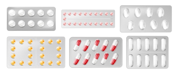 Realistische pillen capsules blaren set met geïsoleerde afbeeldingen van zilveren blaren met tabbladen van verschillende vorm vectorillustratie