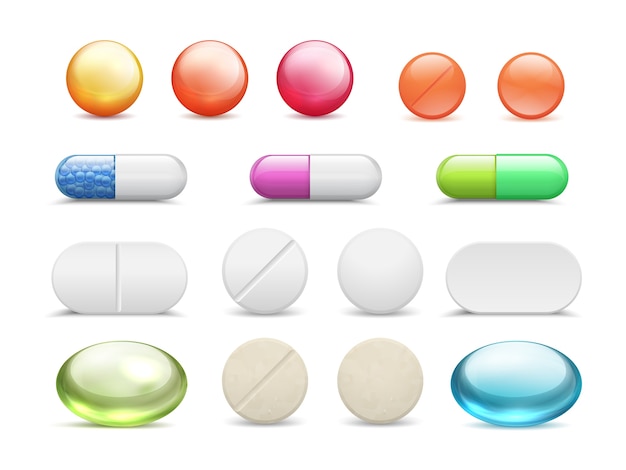 Realistische pillen instellen. medicijntabletten rond vitamines en capsulemedicijnen, verschillende gezondheidszorgapotheken.