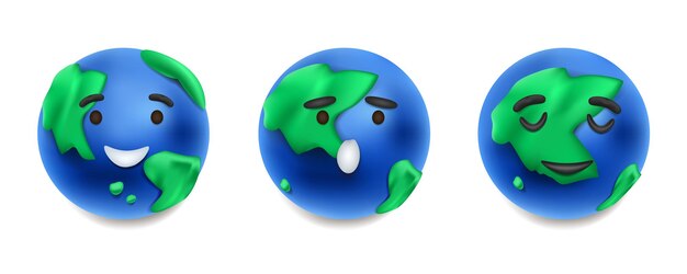 Realistische plasticine planeet aarde karakterset van drie geïsoleerde pictogrammen met smileys bovenop wereldbol vectorillustratie