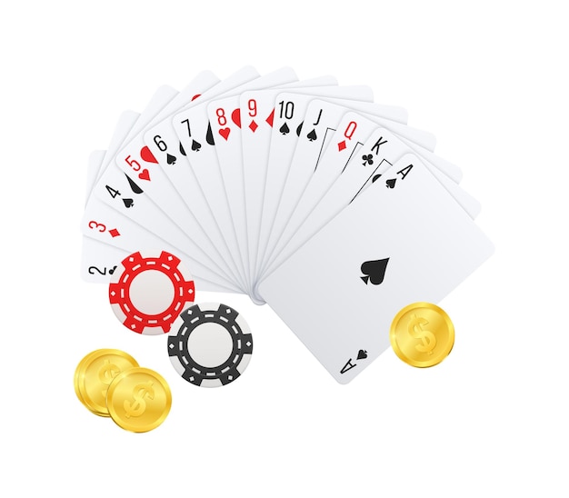 Gratis vector realistische pokerclub casino samenstelling met gouden munten en fiches met een reeks speelkaarten vectorillustratie