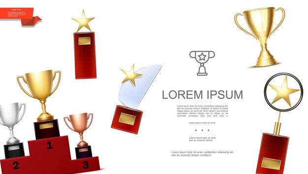 Realistische prijzen en onderscheidingen sjabloon met gouden zilveren bronzen bekers op voetstuk en verschillende trofeeën met glanzende sterren