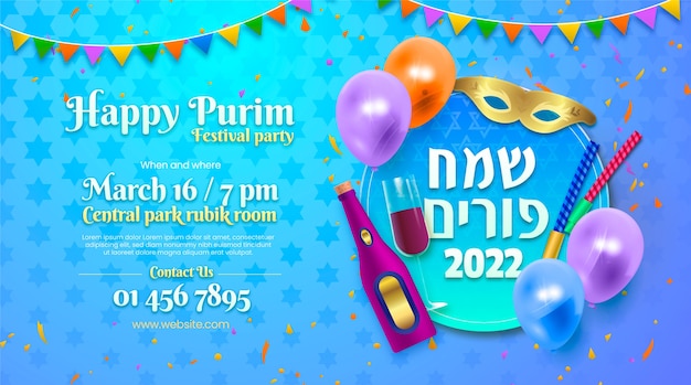 Realistische purim horizontale banner