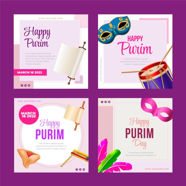 Gratis vector realistische purim instagram-berichtenverzameling