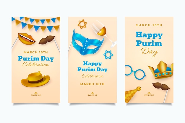 Gratis vector realistische purim instagram-verhalencollectie