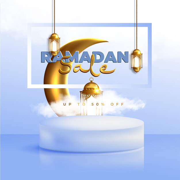 Realistische Ramadan Kareem-verkoopbanner met 3D-podium en kortingsframe