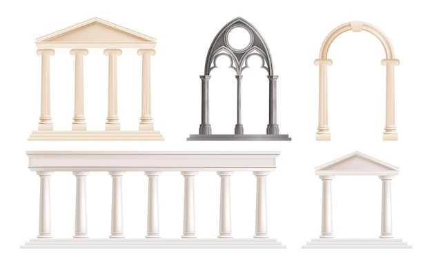 Gratis vector realistische reeks oude klassieke ionische en toscaanse kolommen en bogen geïsoleerde vectorillustratie