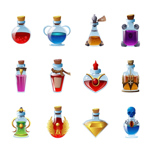 Realistische reeks pictogrammen met toverdrankjes van verschillende kleur in diverse die glasflessen op witte vectorillustratie worden geïsoleerd als achtergrond