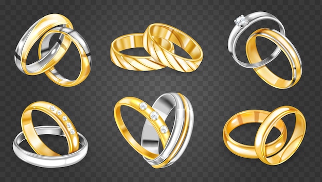 Gratis vector realistische ring set met geïsoleerde sierlijke sieraden zilveren en gouden ringen in paren op transparante achtergrond vectorillustratie