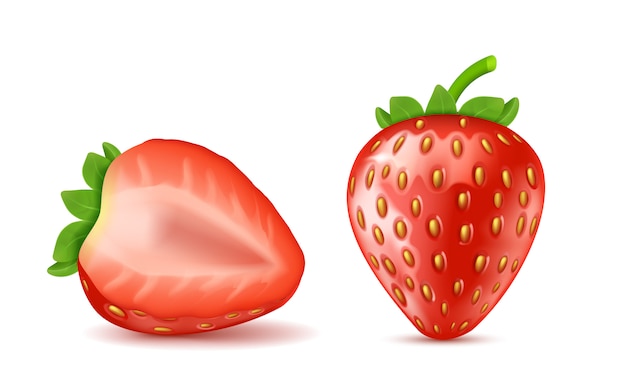 Gratis vector realistische rode rijpe aardbeien, geheel en half geïsoleerd op achtergrond.