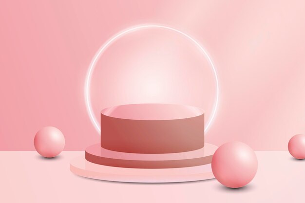Realistische roze podium en bollenachtergrond