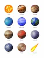 Gratis vector realistische ruimteplaneet geïsoleerde pictogrammenset met de twaalf planeten van ons zonnestelselillustratie