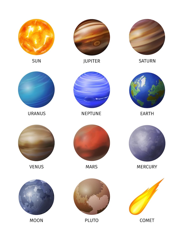 Gratis Vector realistische ruimteplaneet geïsoleerde pictogrammenset met de twaalf planeten van ons zonnestelselillustratie