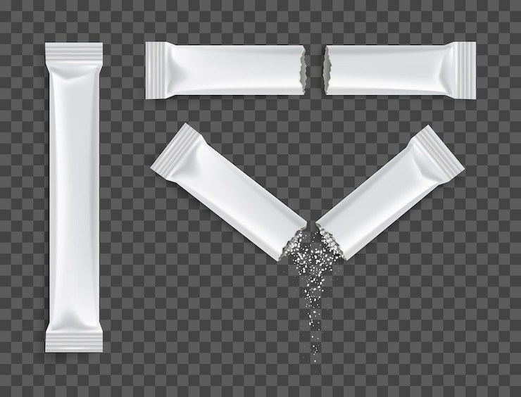Gratis Vector realistische sachetverpakkingsstok set met transparante achtergrond en bovenaanzicht van hele en gebroken stokken vectorillustratie