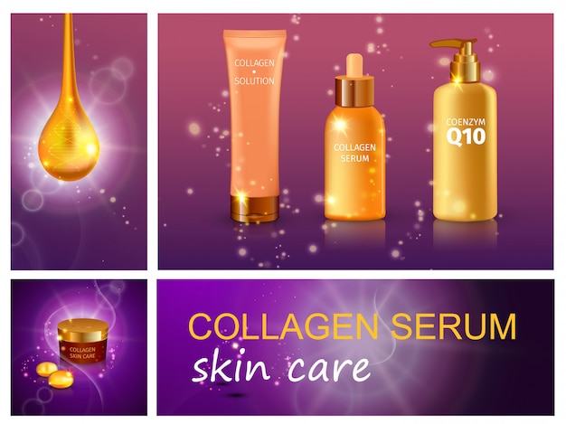 Gratis vector realistische samenstelling van cosmetische producten met collageen serum druppelflesjes crème-vochtinbrengende crème en vloeibare zeep op paarse sprankeling