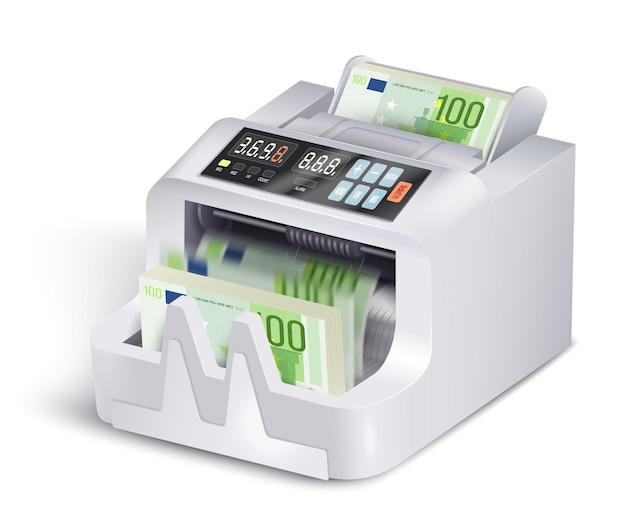 Gratis vector realistische samenstelling van de geldtelmachine met geïsoleerde weergave van modern bankapparaat geladen met contant geld bankbiljetten vectorillustratie