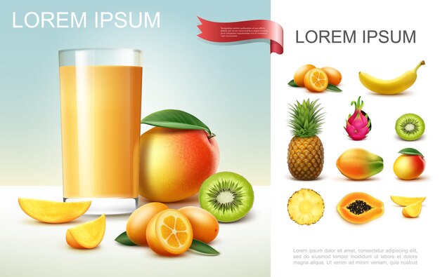 Realistische samenstelling van vers fruitsap met glas mangosap, kiwi, ananas, banaan, papaja, kumquat, drakenvruchten