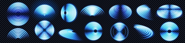 Gratis Vector realistische set blauwe radiogolfsignaalborden geïsoleerd op transparante achtergrond vectorillustratie van radiaal symbool van wifi-verbinding geluid verspreid pulseffect trillingsfrequentie radargebied