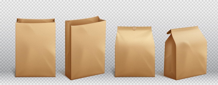 Gratis Vector realistische set bruine papieren zak geïsoleerd op transparante achtergrond vector illustratie van open en gesloten ambachtelijke pakket mockup voor afhaalmaaltijden lunch maaltijd koffie of thee snoep snack verpakking